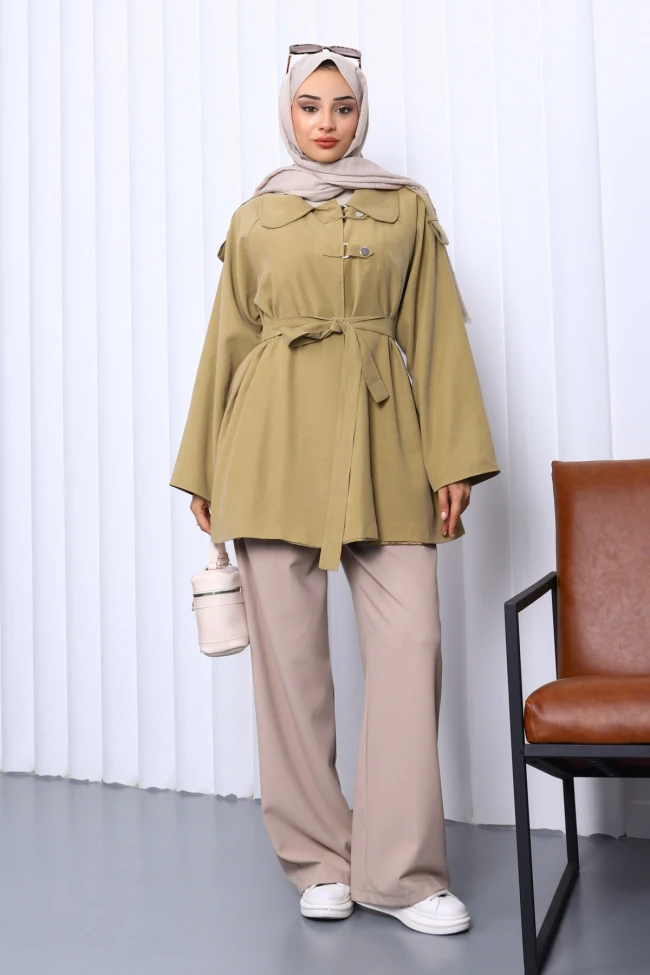 Açık Haki Apolet Detaylı Kuşaklı Trençkot
