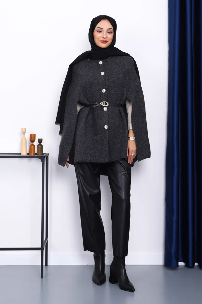 Antrasit Kemerli Şordonlu Triko Panço