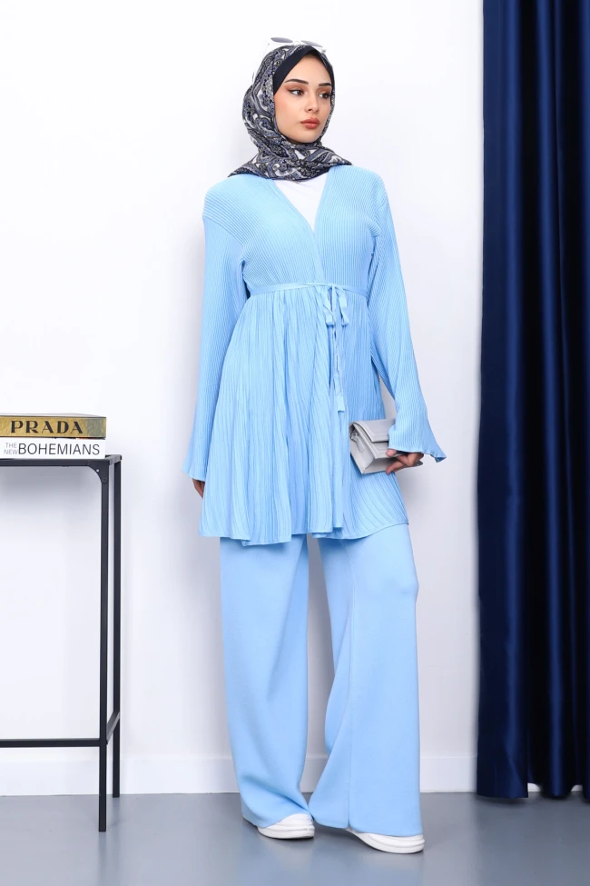 Bebe Mavi Bel Kuşaklı Hırka Pantolonlu Takım