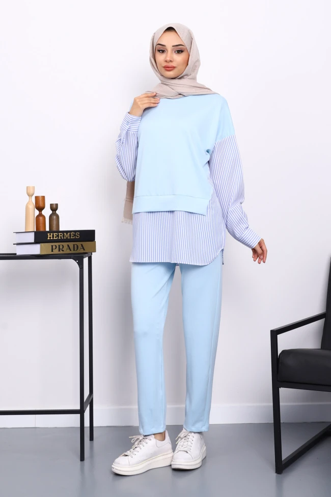 Bebe Mavi Gömlek Garnili Modal Tunik Pantolonlu Takım