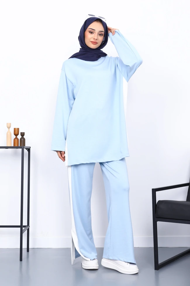Bebe Mavi Renk Bloklu Modal Tunik Pantolonlu Takım
