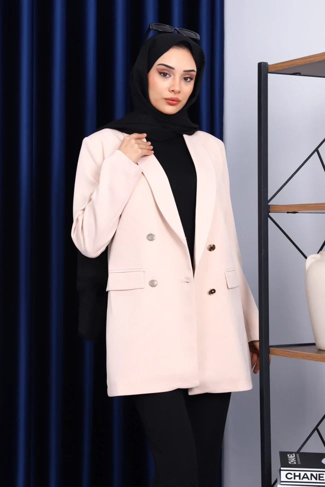 Bej Düğmeli Kruvaze Yaka Krep Ceket