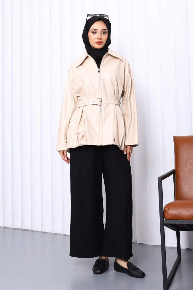 Bej Kemerli Deri Trençkot