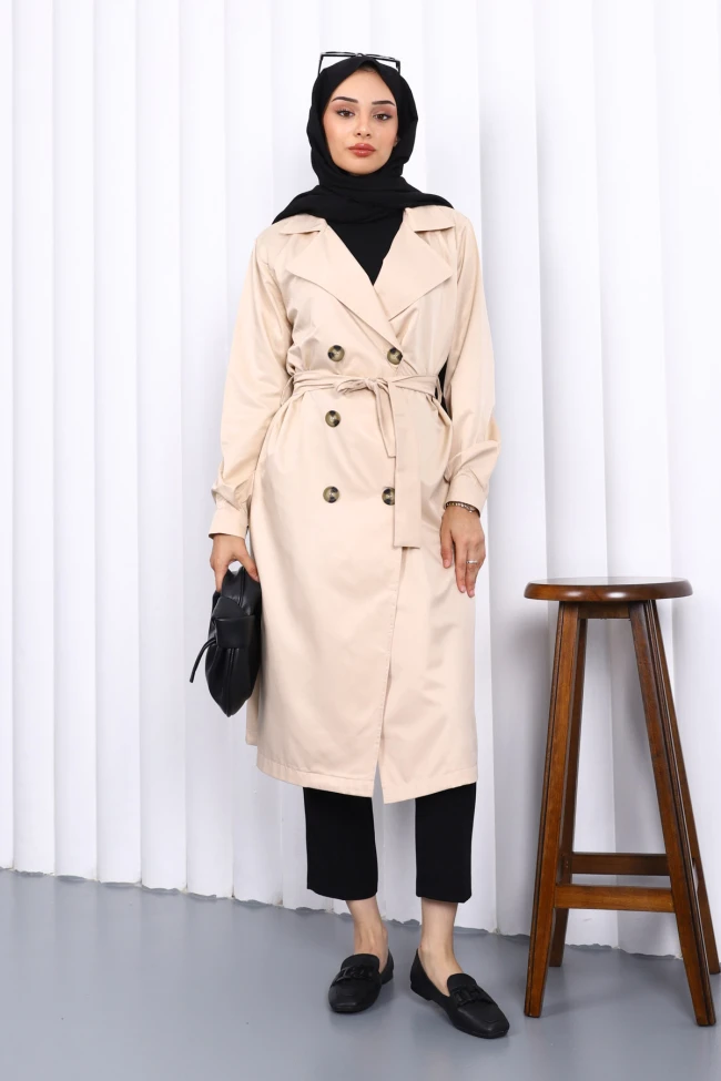 Bej Kruvaze Yaka Düğmeli Trençkot