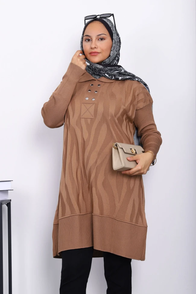 Bisküvi Gömlek Yaka Soğık İplik Triko Tunik