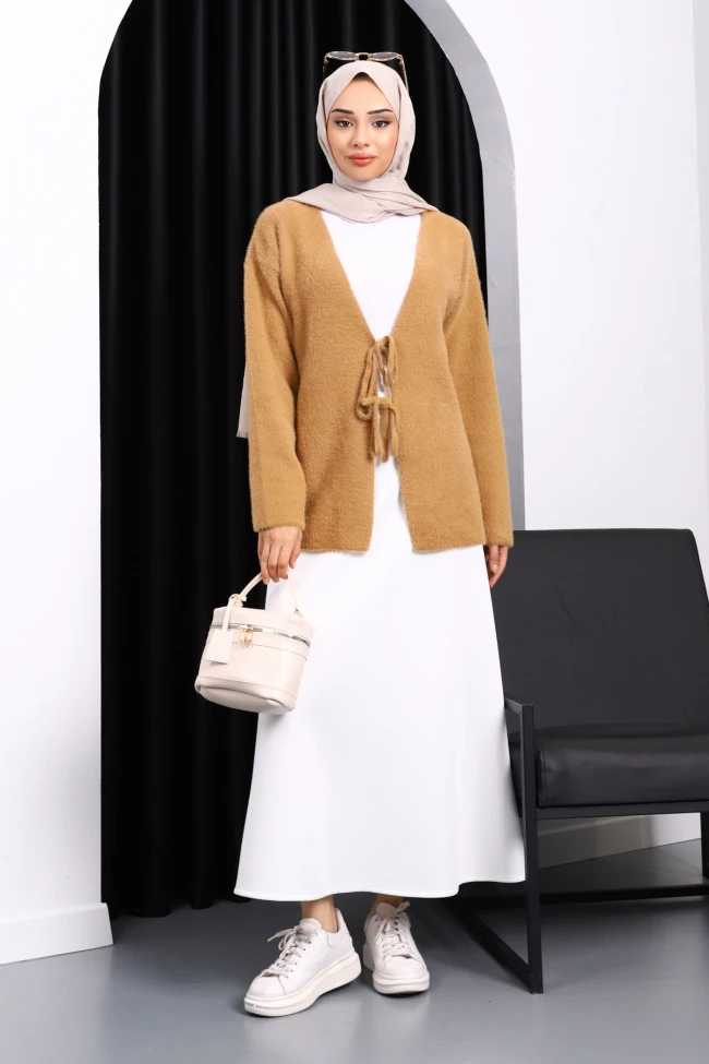 Bisküvi Ön Bağlama Detaylı Angora Yumoş Hırka