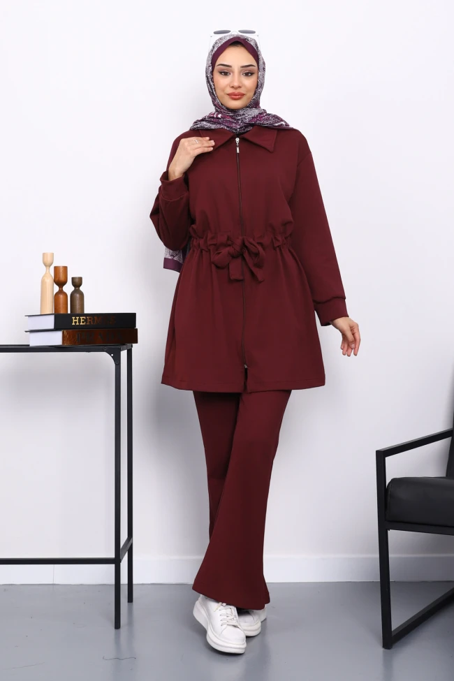Bordo Bel Bağlamalı Modal Tunik Pantolonlu Takım