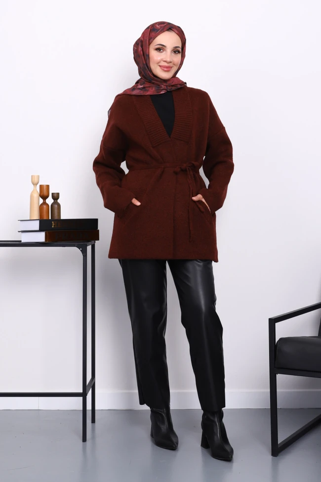 Bordo Bel Kuşaklı Cepli Triko Hırka