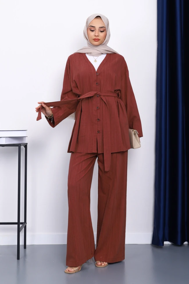 Bordo Bel Kuşaklı Keten Kimono Pantolonlu Takım