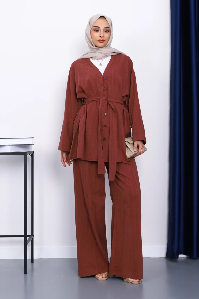 Bordo Bel Kuşaklı Keten Kimono Pantolonlu Takım