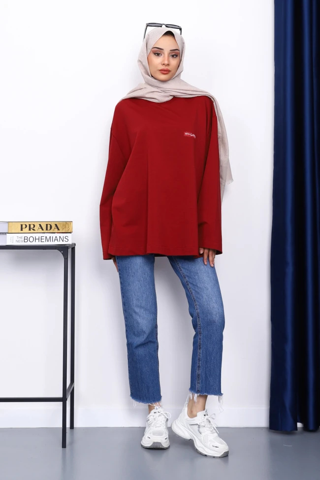 Bordo Bisiklet Yaka İki İplik Oversize Sweatshirt