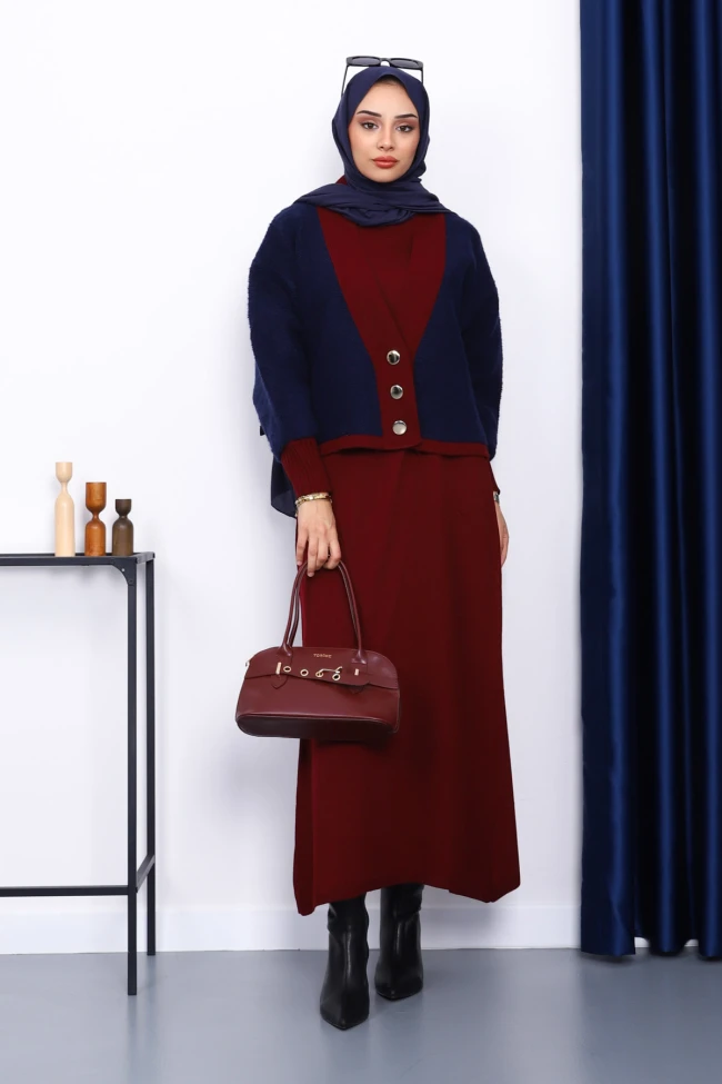 Bordo Düğmeli Triko Elbiseli Takım