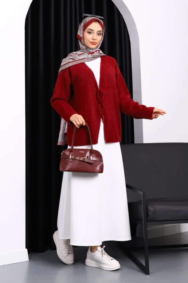 Bordo Ön Bağlama Detaylı Angora Yumoş Hırka