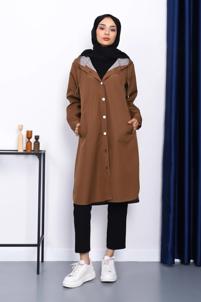 Camel Kapşonlu Düğme Detaylı Trençkot