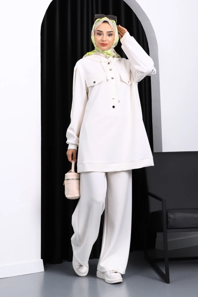 Ekru Çıtçıt Detaylı Tunik Pantolonlu Takım