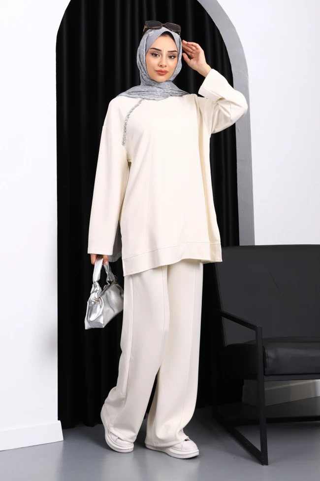 Ekru Taş Detaylı Tunik Pantolonlu Modal Takım