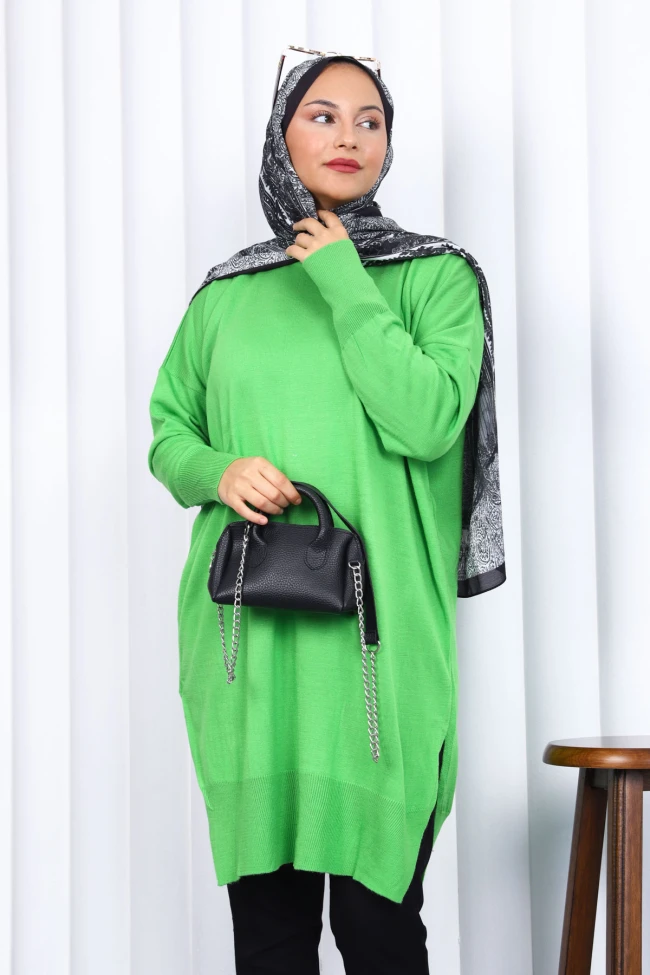 Fıstık Yeşili Bisiklet Yaka Merserize Salaş Triko Tunik