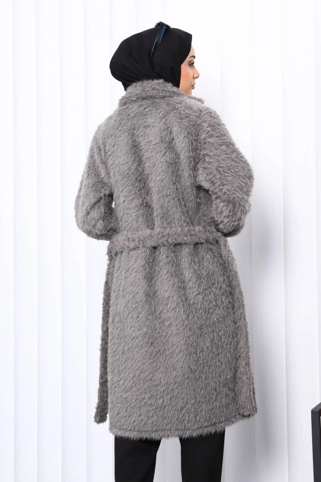 Füme Düğmeli Uzun Cepli Kürk Kaban