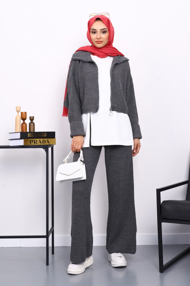 Füme Fermuarlı Üçlü Triko Takım