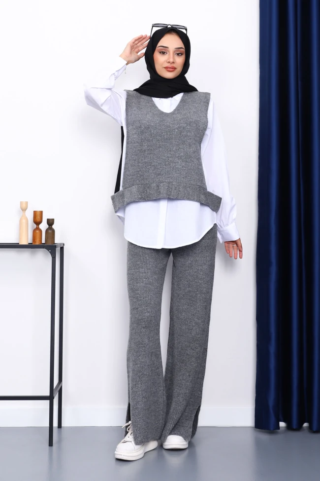 Füme Gömlekli Üçlü Triko Takım