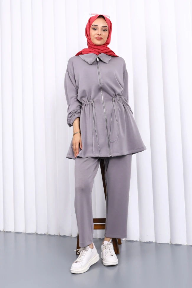 Gri Bel Lastikli Tunik Pantolonlu Takım