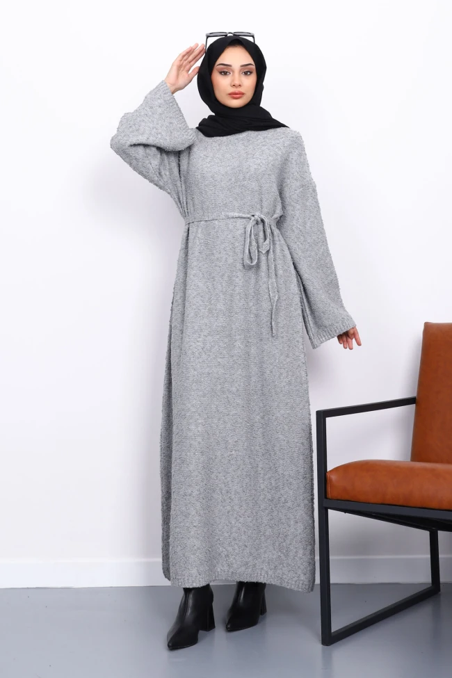 Gri Bisiklet Yaka Triko Elbise