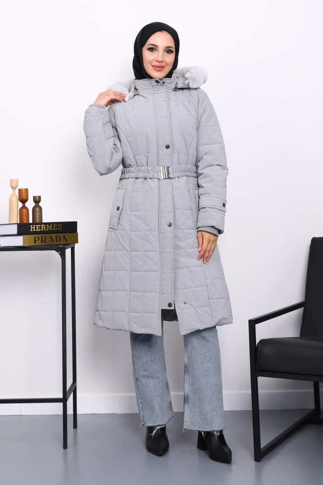 Gri Kapüşonu Kürklü Uzun Şişme Mont