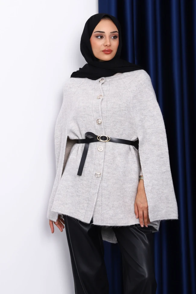 Gri Kemerli Şordonlu Triko Panço