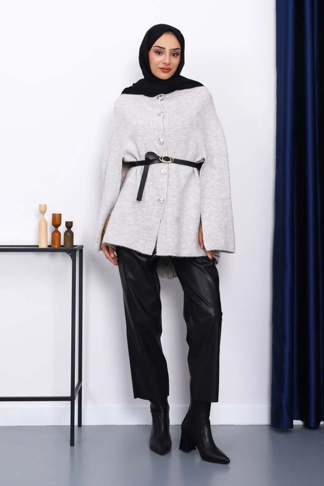 Gri Kemerli Şordonlu Triko Panço