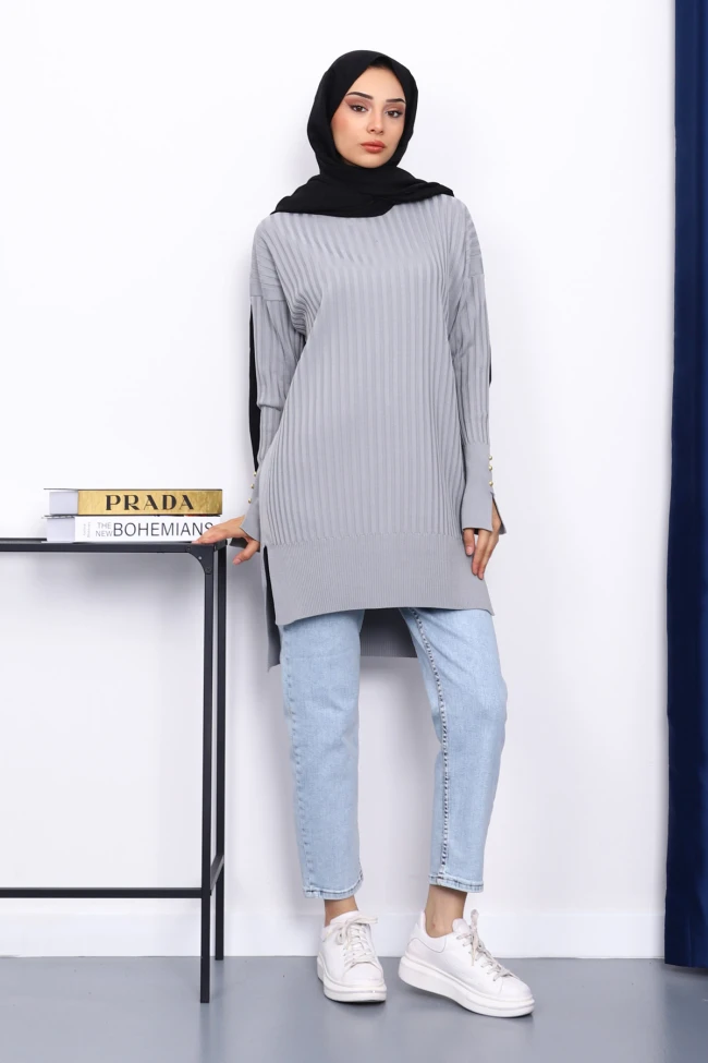 Gri Önü Kısa Arkası Uzun Triko Tunik