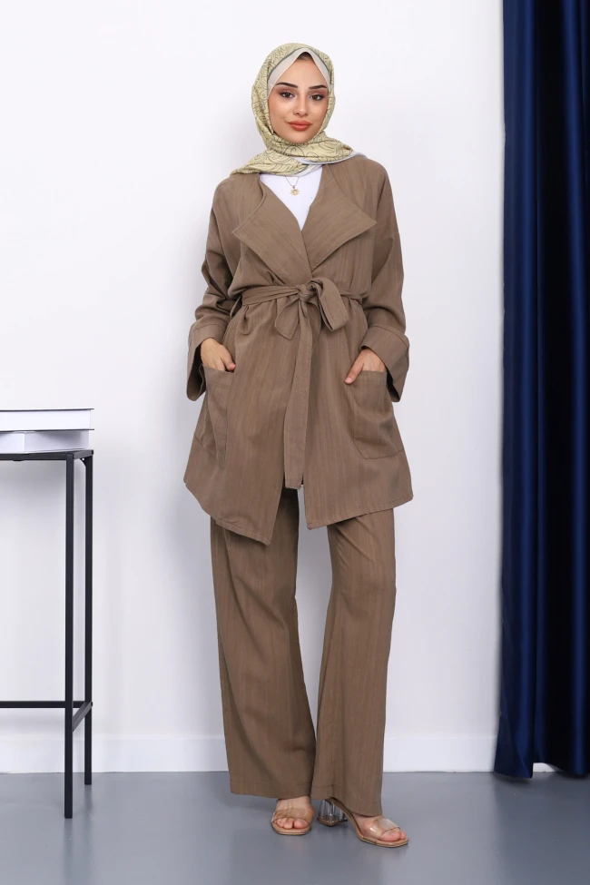 Haki Bel Kuşaklı Keten Kimono Pantolonlu Takım