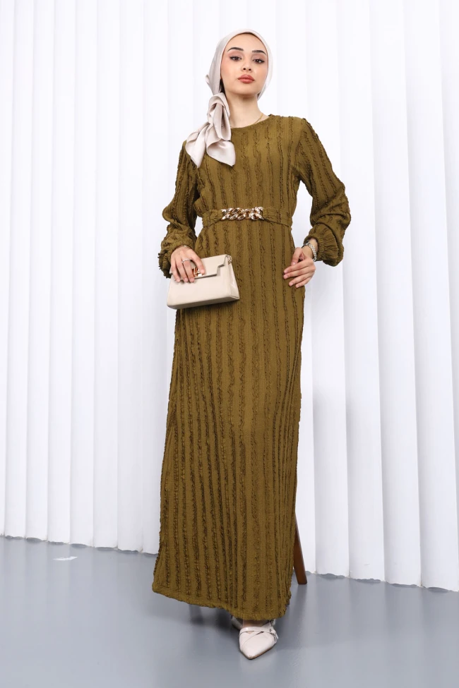 Haki Beli Kemerli Fırfır Detaylı Gofre Elbise
