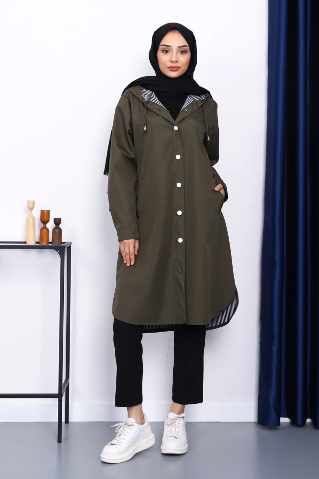Haki Kapşonlu Düğme Detaylı Trençkot