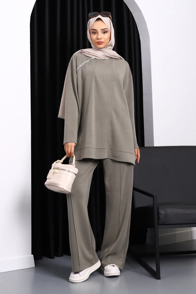 Haki Taş Detaylı Tunik Pantolonlu Modal Takım