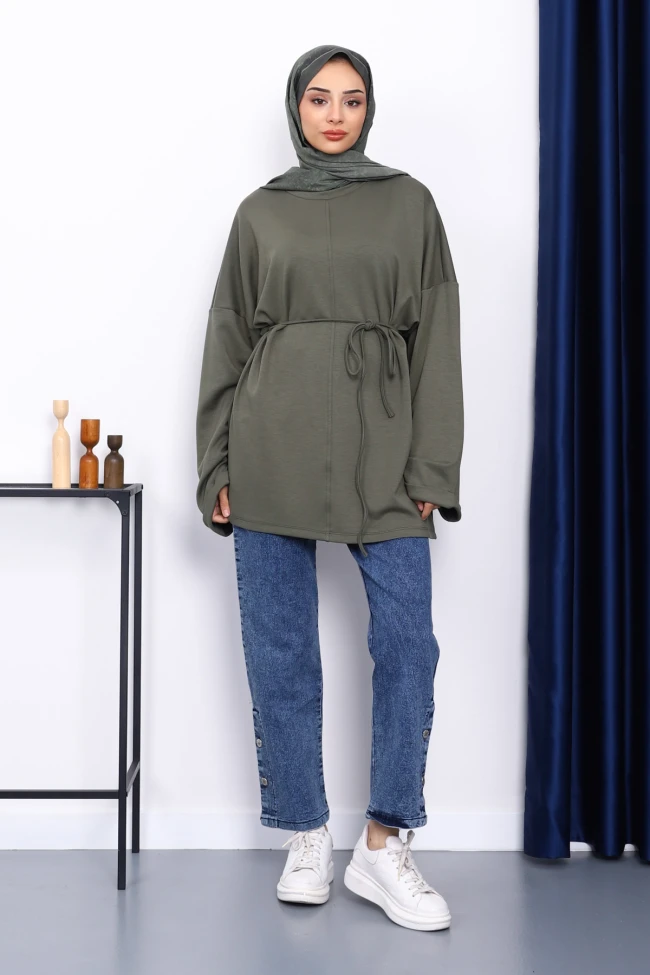 Haki Yanları Yırtmaçlı Bel İpli Tunik