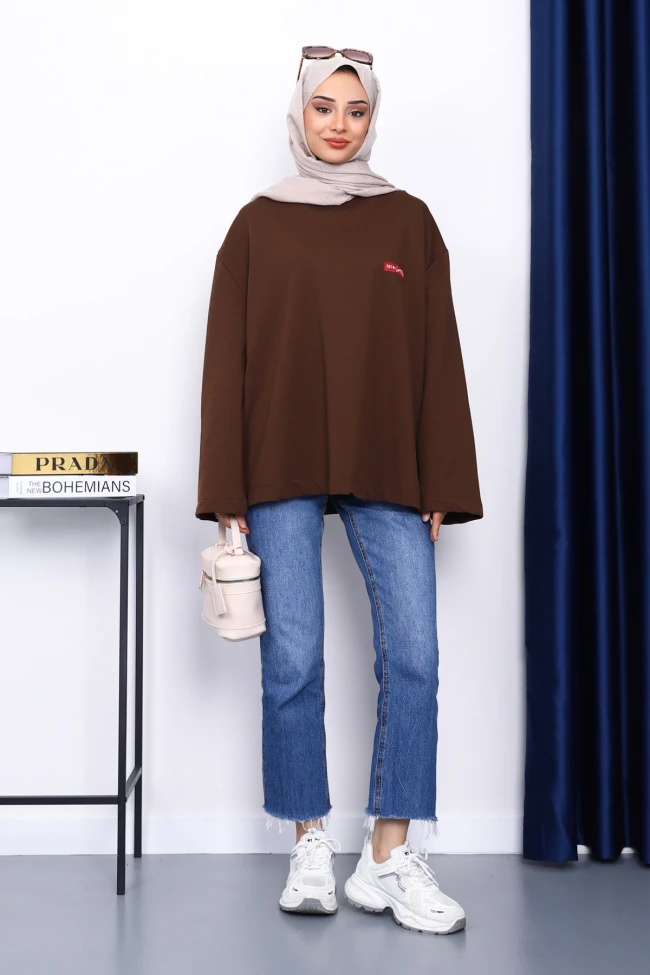 Kahverengi Bisiklet Yaka İki İplik Oversize Sweatshirt
