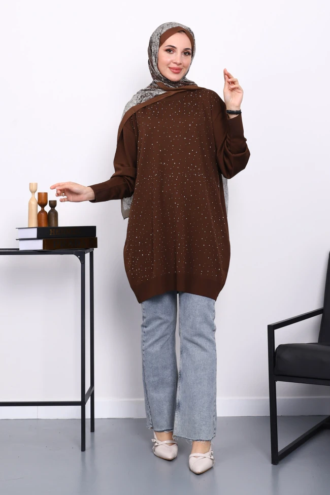 Kahverengi Bisiklet Yaka Taş İşlemeli Tunik