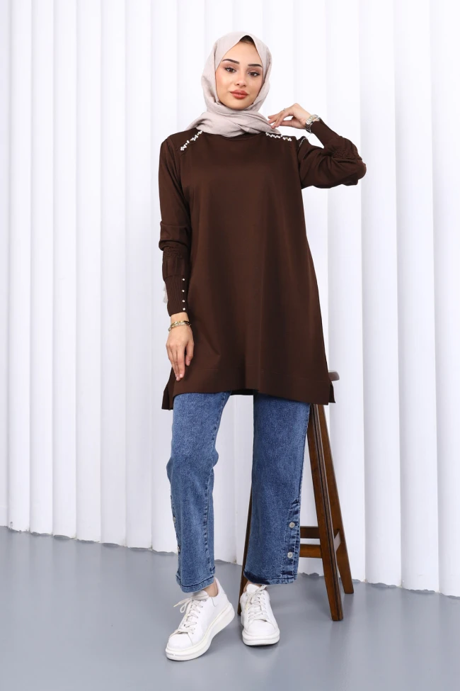 Kahverengi Omuz Taşlı Soguk İplik Triko Tunik