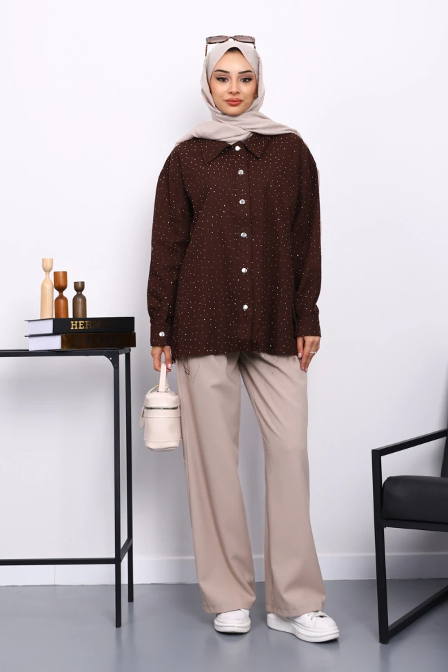 Kahverengi Taşlı Gabardin Gömlek