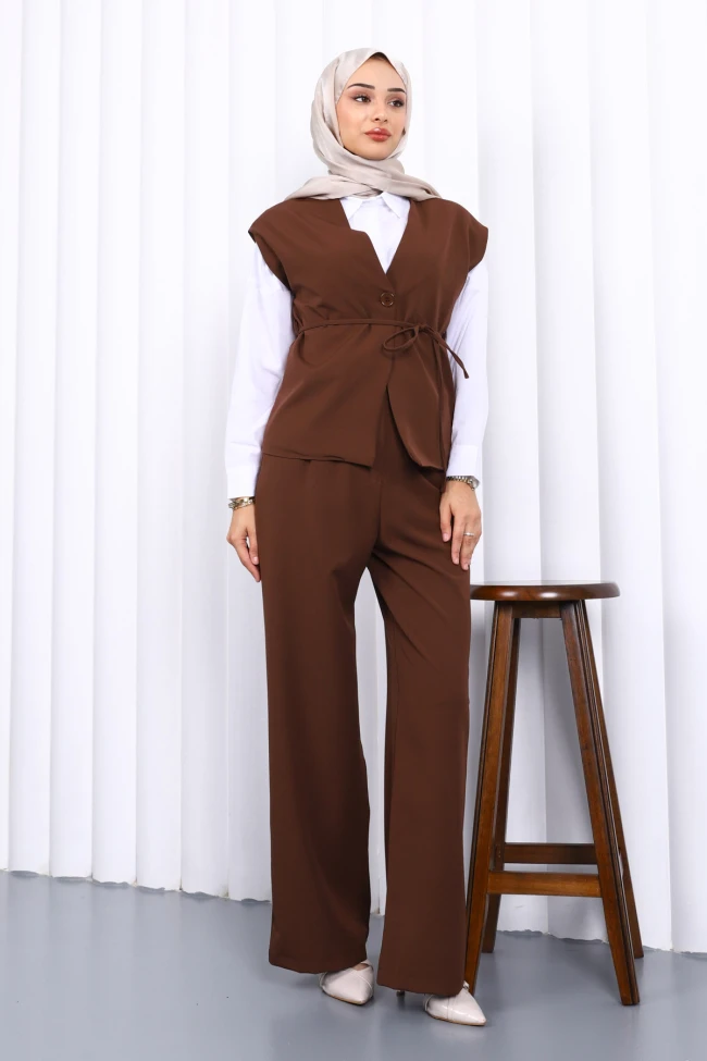 Kahverengi Yelek Pantolon İkili Takım