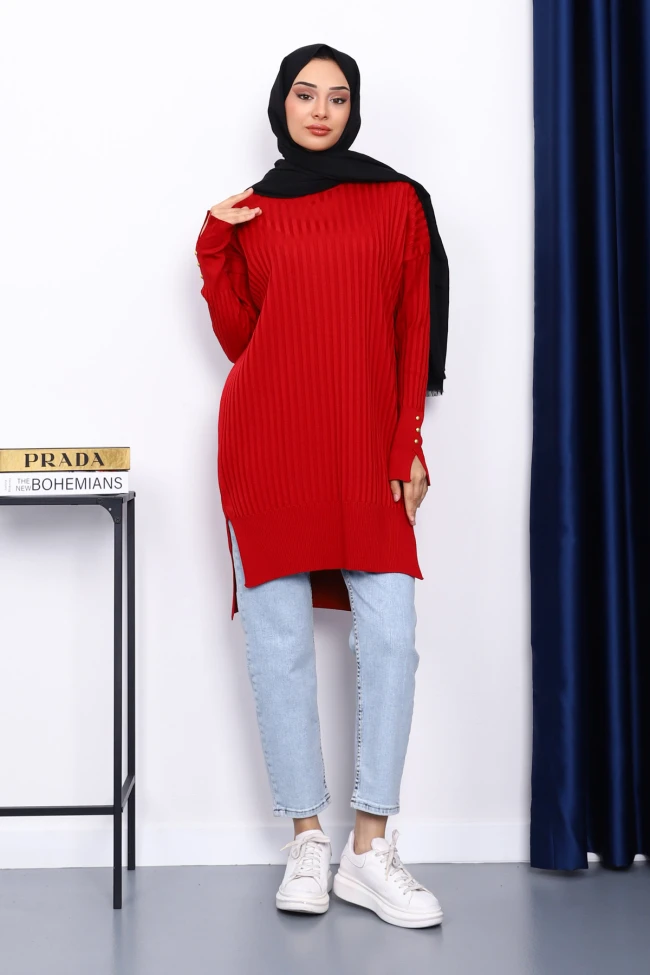 Kırmızı Önü Kısa Arkası Uzun Triko Tunik