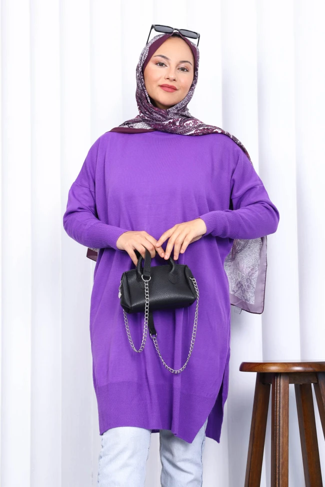 Koyu Lila Bisiklet Yaka Merserize Salaş Triko Tunik