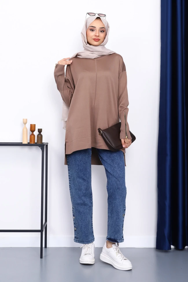 Koyuv Vizon Kol Fermuarlı Soğuk İplik Triko Tunik