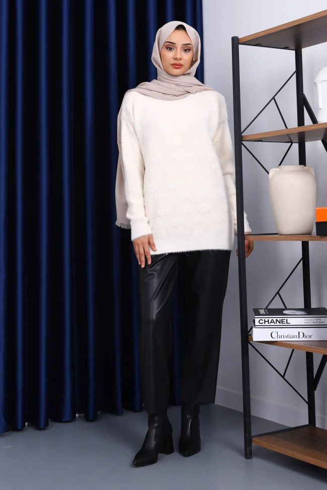 Krem Bisiklet Yaka Sakal Triko Kazak