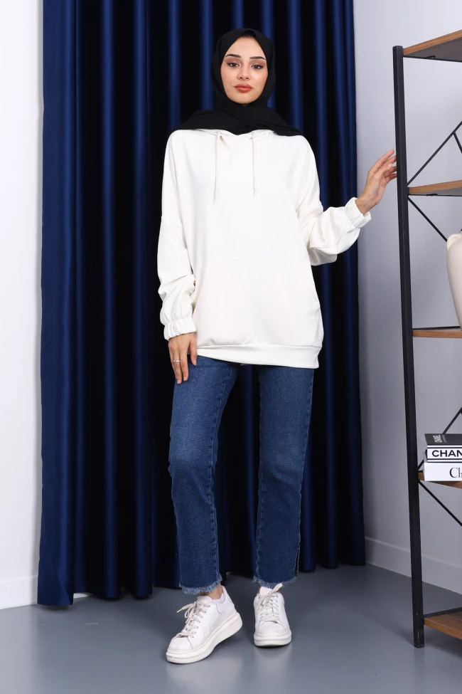 Krem Kanguru Cepli Modal Sweatshirt