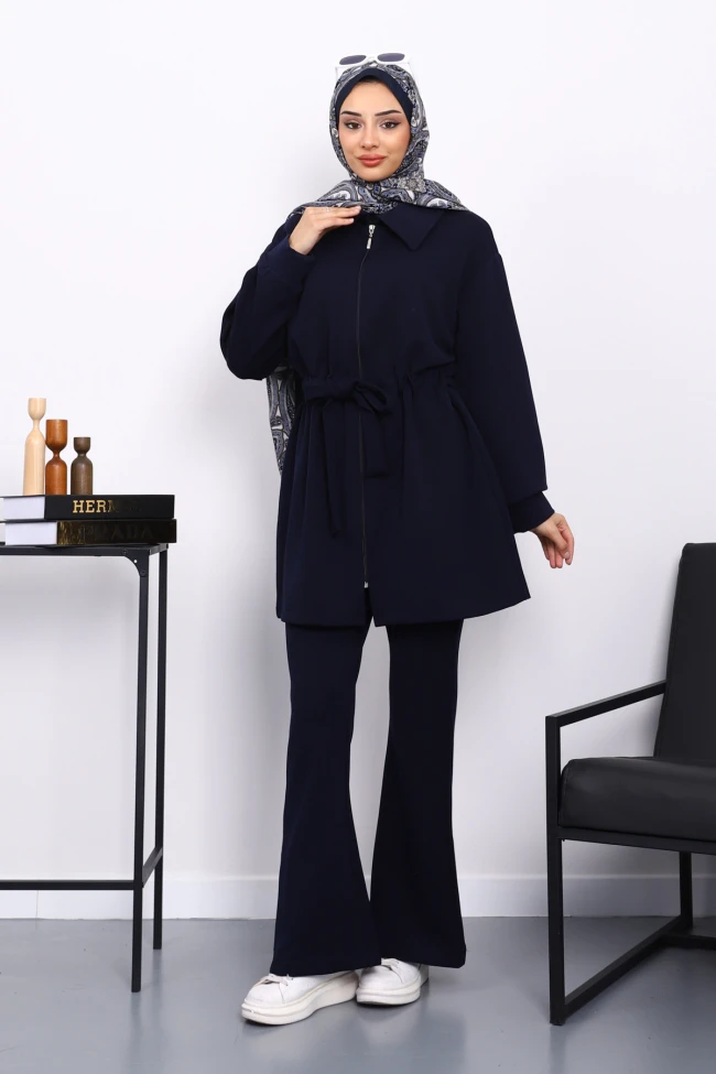 Lacivert Bel Bağlamalı Modal Tunik Pantolonlu Takım