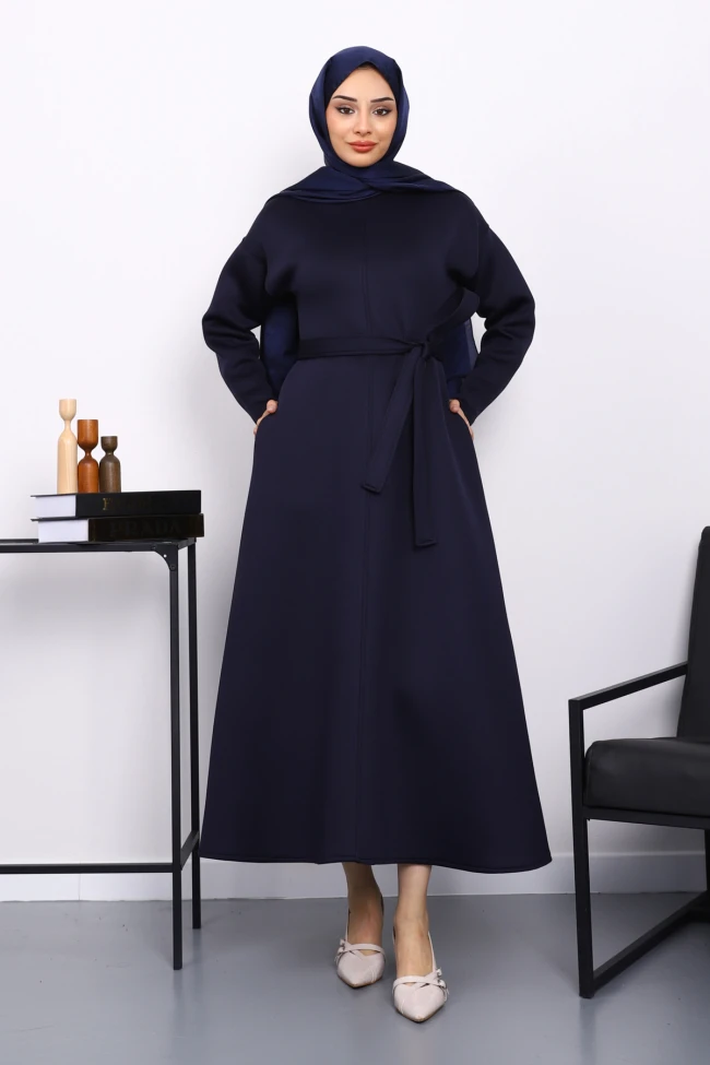 Lacivert Bel Kuşaklı Scuba Elbise