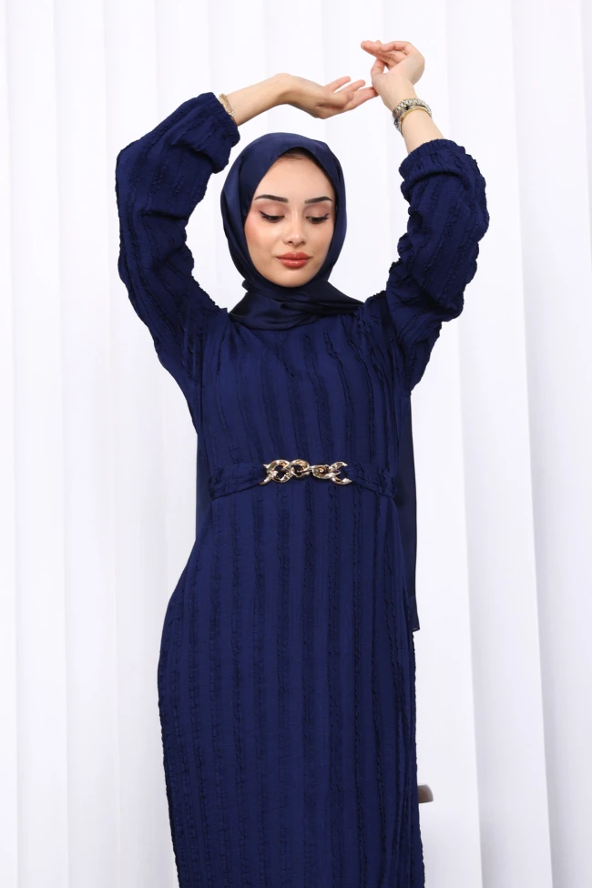 Lacivert Beli Kemerli Fırfır Detaylı Gofre Elbise