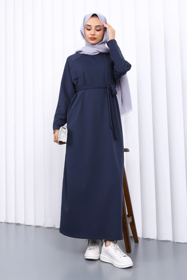 Lacivert Bisiklet Yaka Bel Kuşaklı Elbise