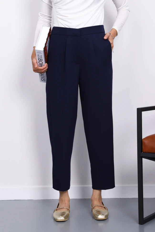 Lacivert Dabıl Bel Lastikli Havuç Pantolon